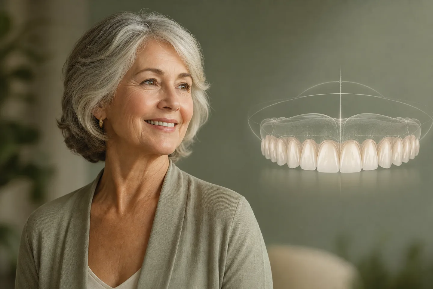 Older woman with a natural smile beside a full-smile design illustration