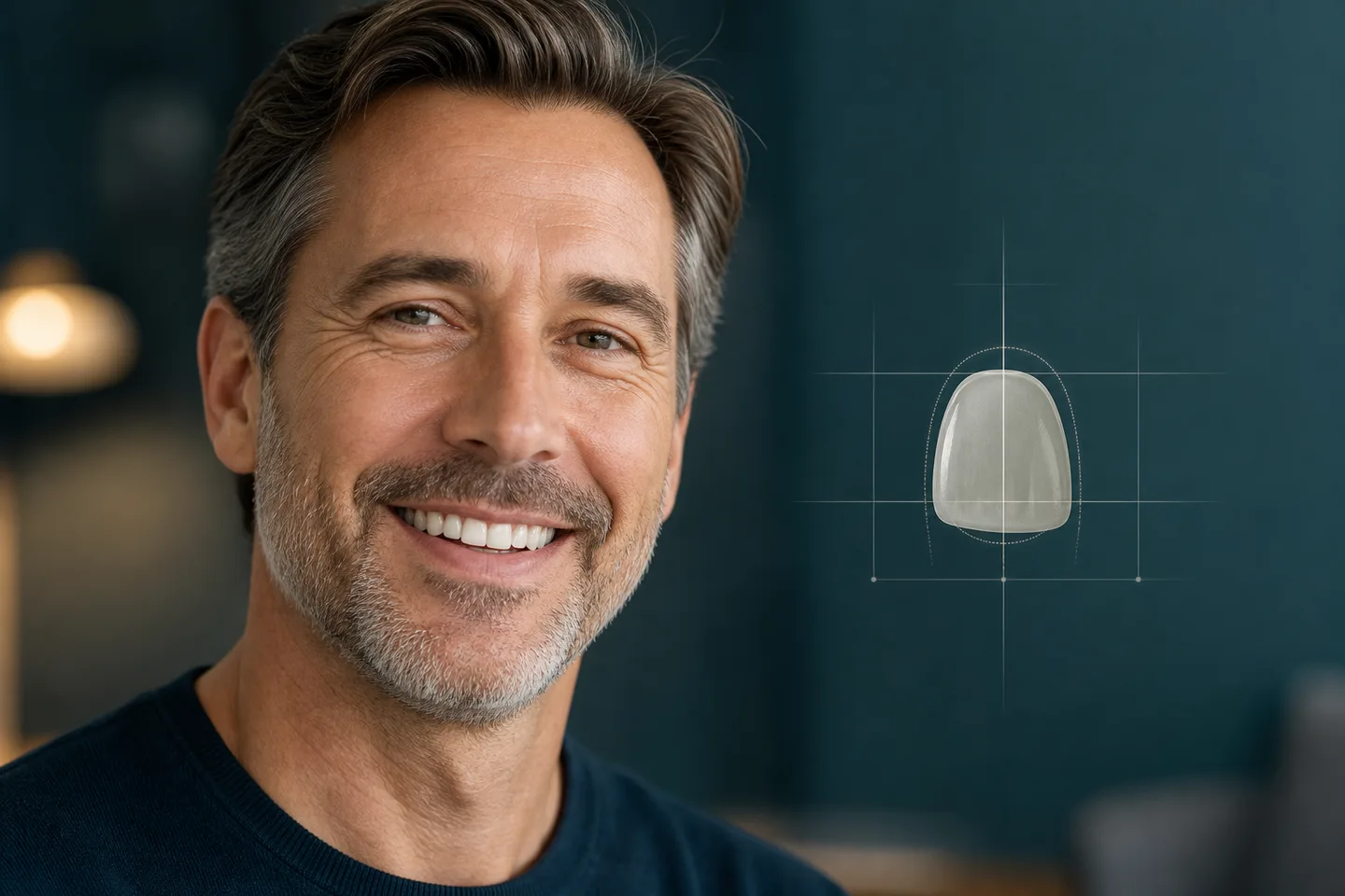 Smiling man beside a subtle digital single-tooth proportion guide
