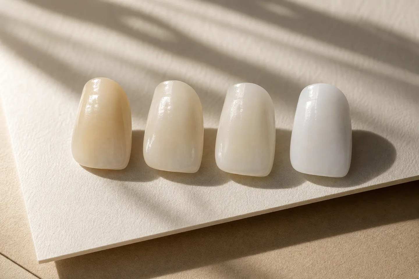 Four ceramic tooth shade samples from warm ivory to bright white