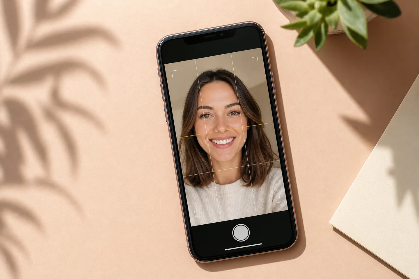Smartphone framing a clear front-facing smile in soft natural light